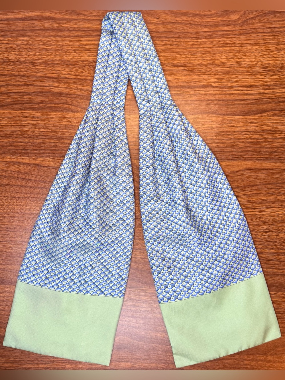 Hermes Dolphin Print Blue & Green 100% Silk Ascot Tie Scarf France